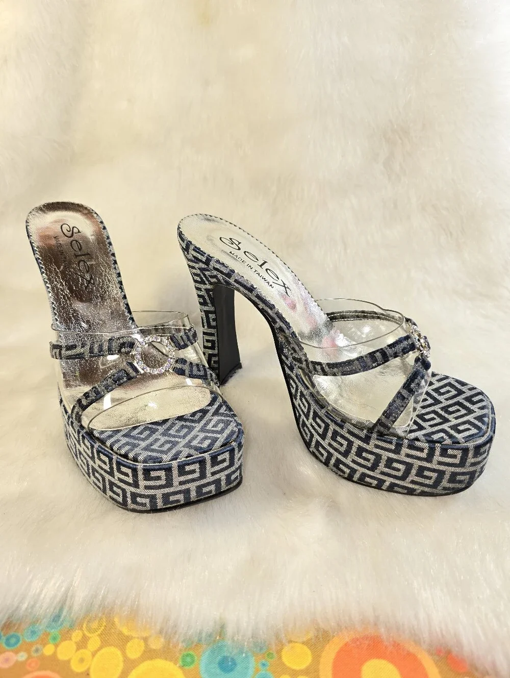 Selex Womens Navy & Siver Platform Mule Slide Sandals